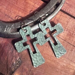 Western turquoise antiqued copper cross dangle earrings.